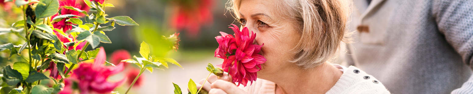 Senior woman smelling red flower